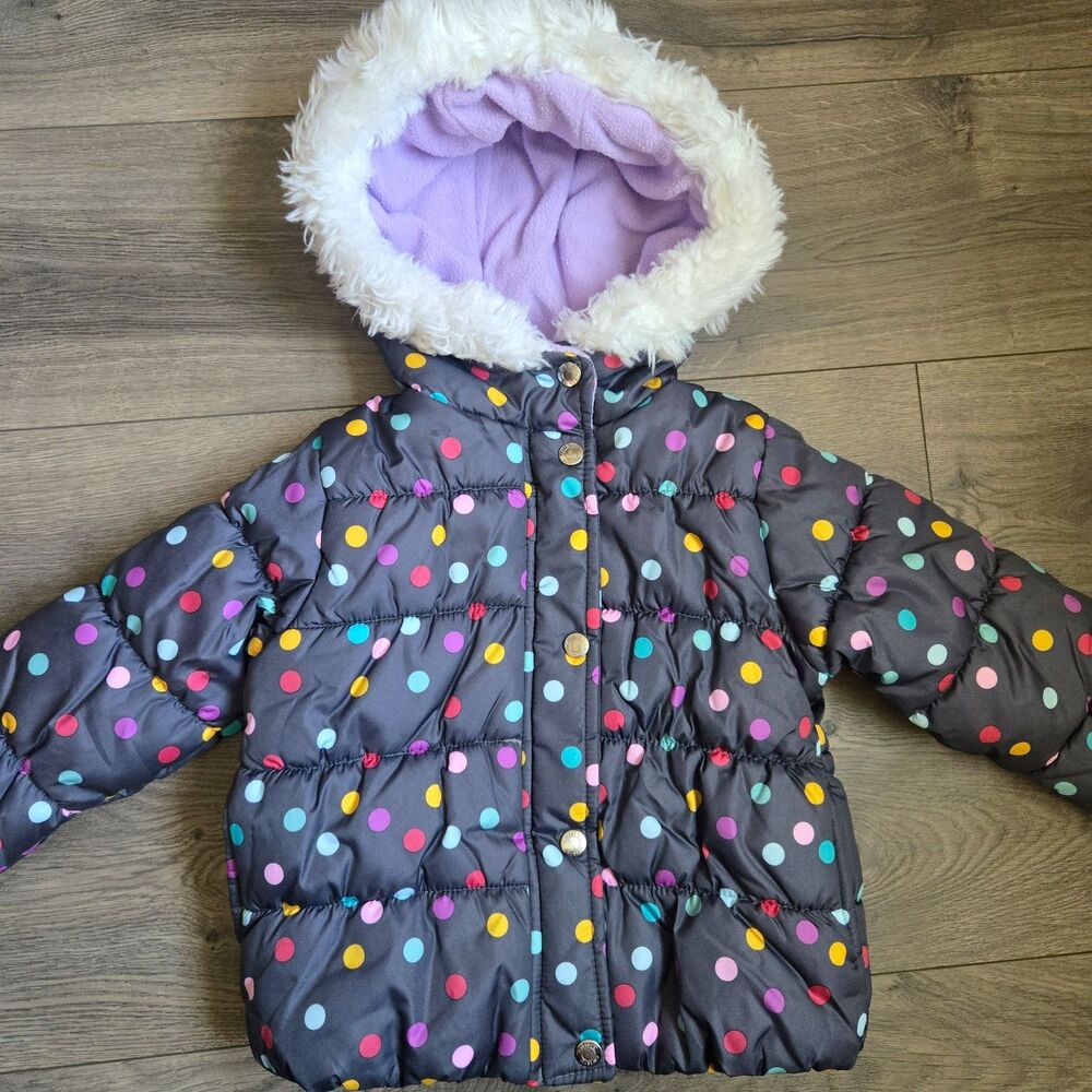 Carters Girls 3T Multicolor Polka Dot Puffer Coat Grey Faux Fur Hooded Jacket